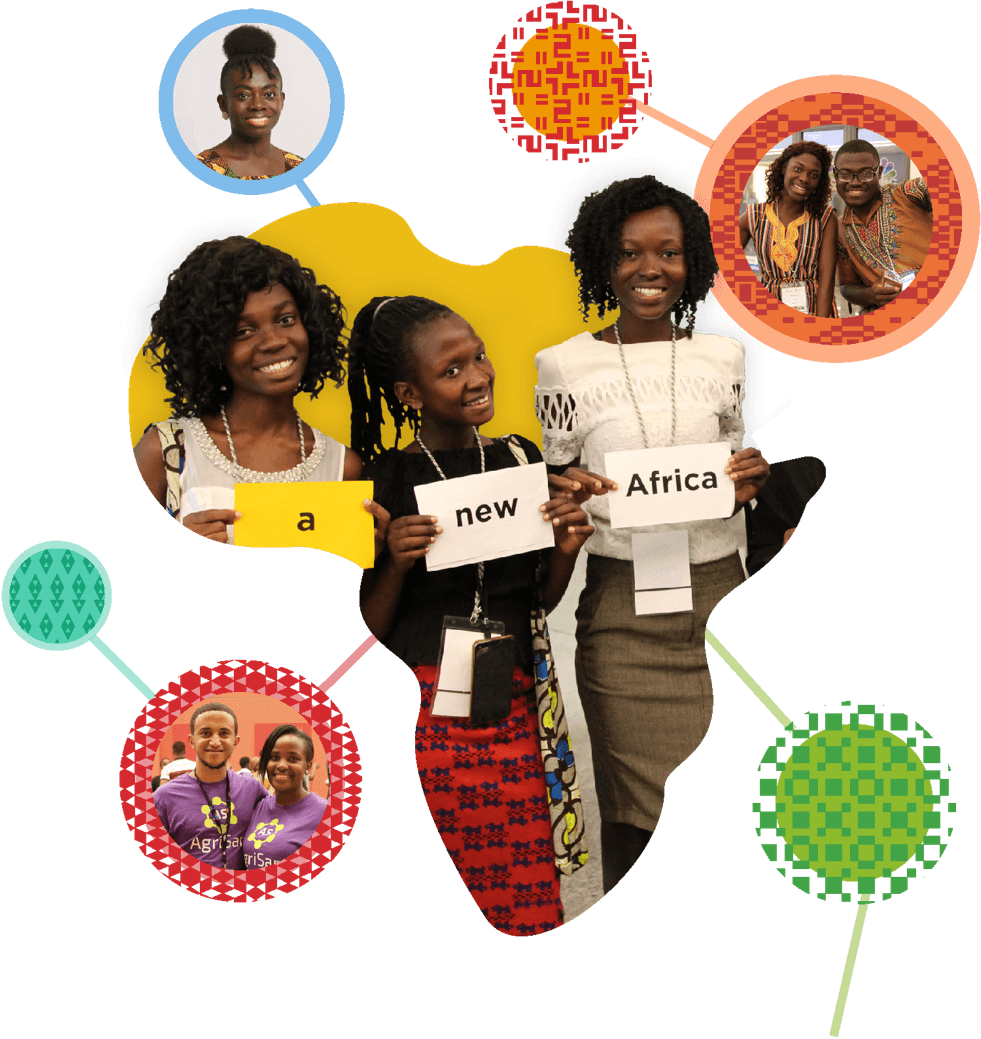 Three Baobab Community members standing together holding 'A new Africa' sign